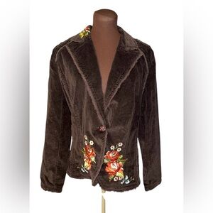KIKIT JEANS Brown Corduroy Jacket Blazer with Embroidered Floral Appliqué Large